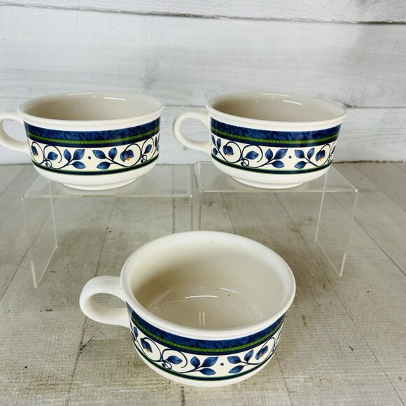 Pfaltzgraff ORLEANS #280 USA Blue Green Vines Yellow Stoneware Soup Mugs Set 3 - Picture 5 of 16